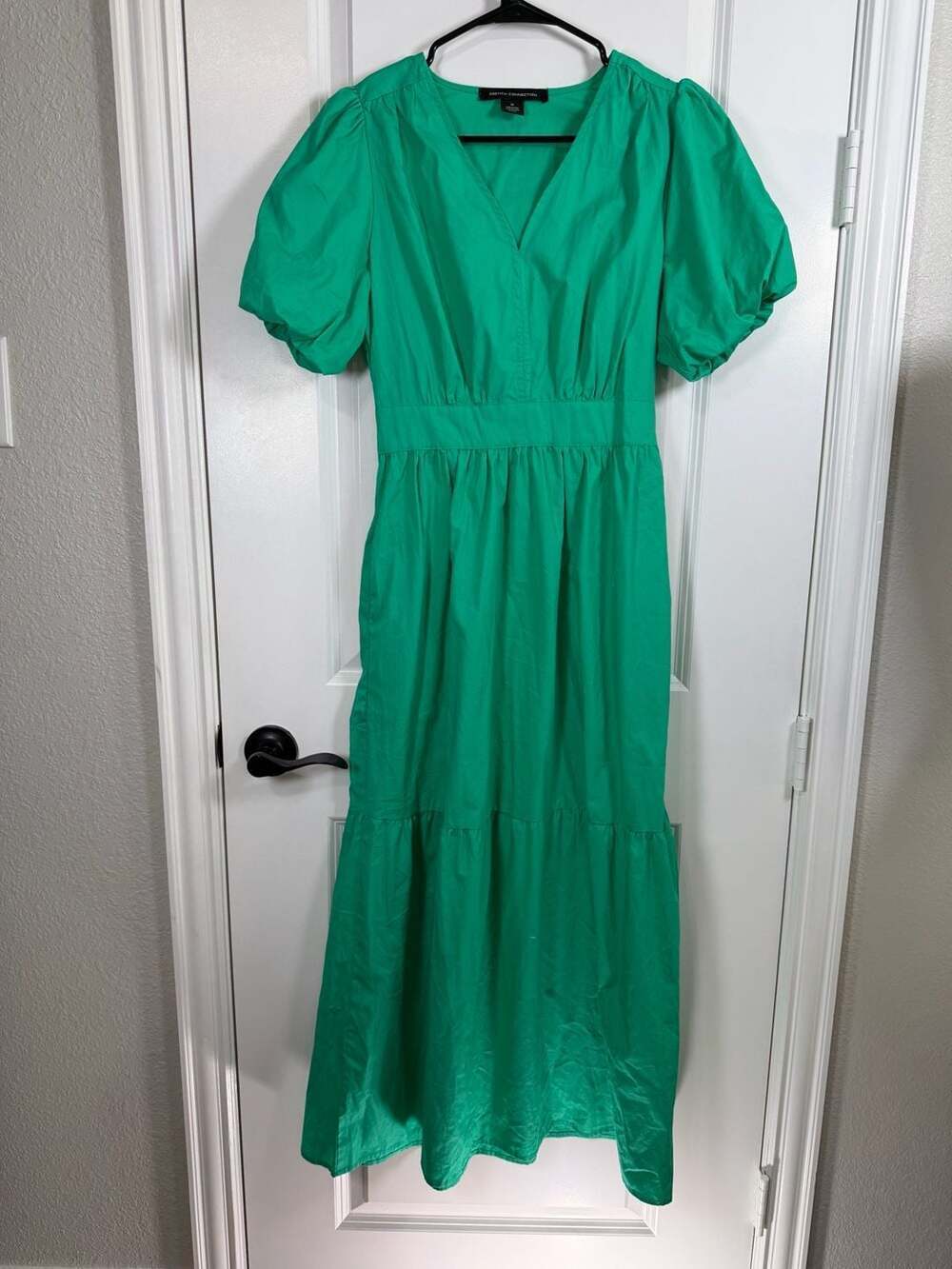 French Connection Women's Mint Green Cotton Poplin Puff Sleeve Tiered Maxi Dress